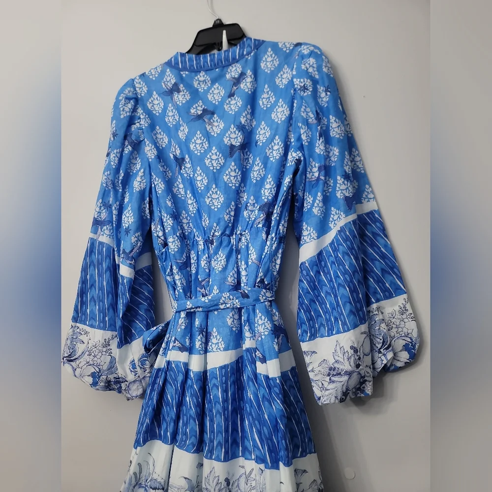 A Loves A Border Print Mandarin Collar Long Balloon Sleeve A-Line Maxi Dress - Picture 8 of 9
